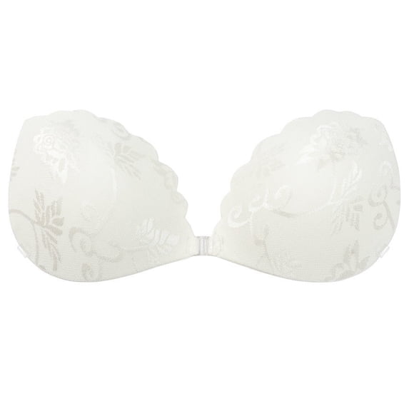 Koadzawe Women's Strapless Lace Adhesive Bra, Backless Stick On Push Up Bra with Front Clasp, Reusable Invisible Strapless Cups for Dresses, Wedding, Party and Daily Wear White D