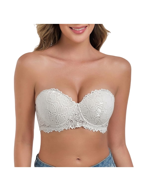 Women's Strapless Push Up Bra, Lace Longline Bra with Padded Underwire Cups, Non Slip Support and Scalloped Trim for Dresses, Wedding Outfits and Parties White S