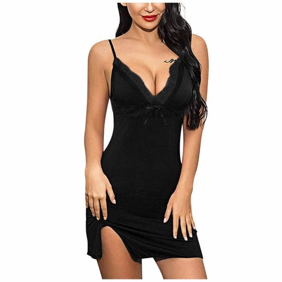 Koadzawe Women's V-Neck Nightgown Lace Trim Sleepwear Sleeveless Spaghetti Strap Soft Nightshirt with Side Slit Elegant Loungewear Dress Comfortable Sleep Dress Nightwear Black L
