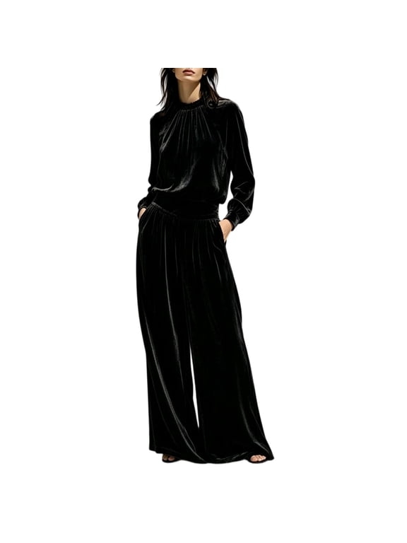 Women's Velvet 2 Piece Set, Long Sleeve Mock Neck Top and Wide Leg Pants, Soft Matching Lounge Sweatsuit with Dressy Elegant Style for Cocktail Party Evening Wear Black 2XL