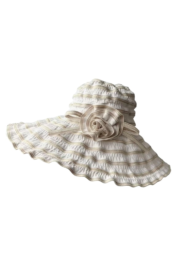 Women's Wide Brim Sun Hat, Floppy Ruffled Beach Cap with Striped Pattern and Fabric Flower, Packable Summer Headwear for Vacation Travel, Resort, and Garden Beige One Size