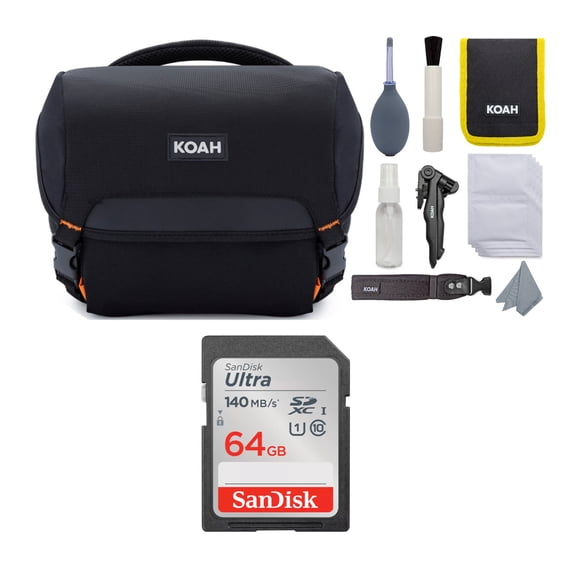 Koah Roebling Street Camera System Gadget Bag with Accessory, Cleaning Kit with SanDisk 64GB SD Card