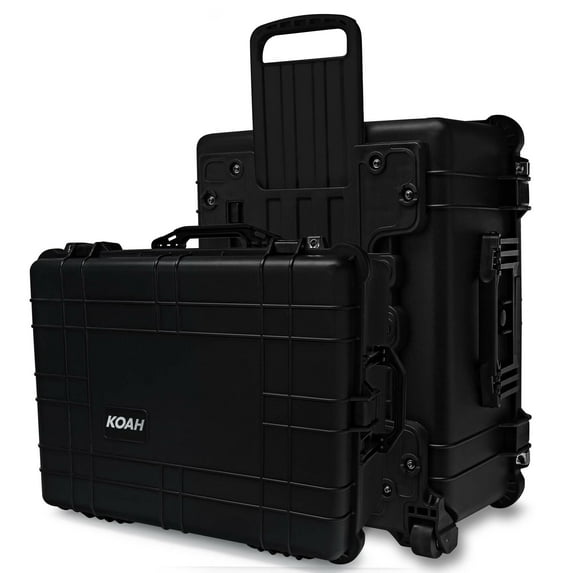 Koah black weatherproof wheeled hard case with customizable foam, 25 x 20 x 12 inch