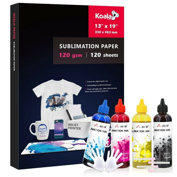 Sublimation Starter Kit I Koala Sublimation Paper 13X19 in 120 Sheets 120gsm + A-SUB Sublimation Ink for Epson Inkjet Printers