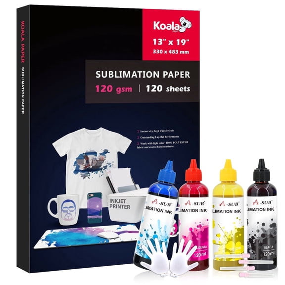 Sublimation Starter Kit I Koala Sublimation Paper 13X19 in 120 Sheets 120gsm + A-SUB Sublimation Ink for  Inkjet Printers