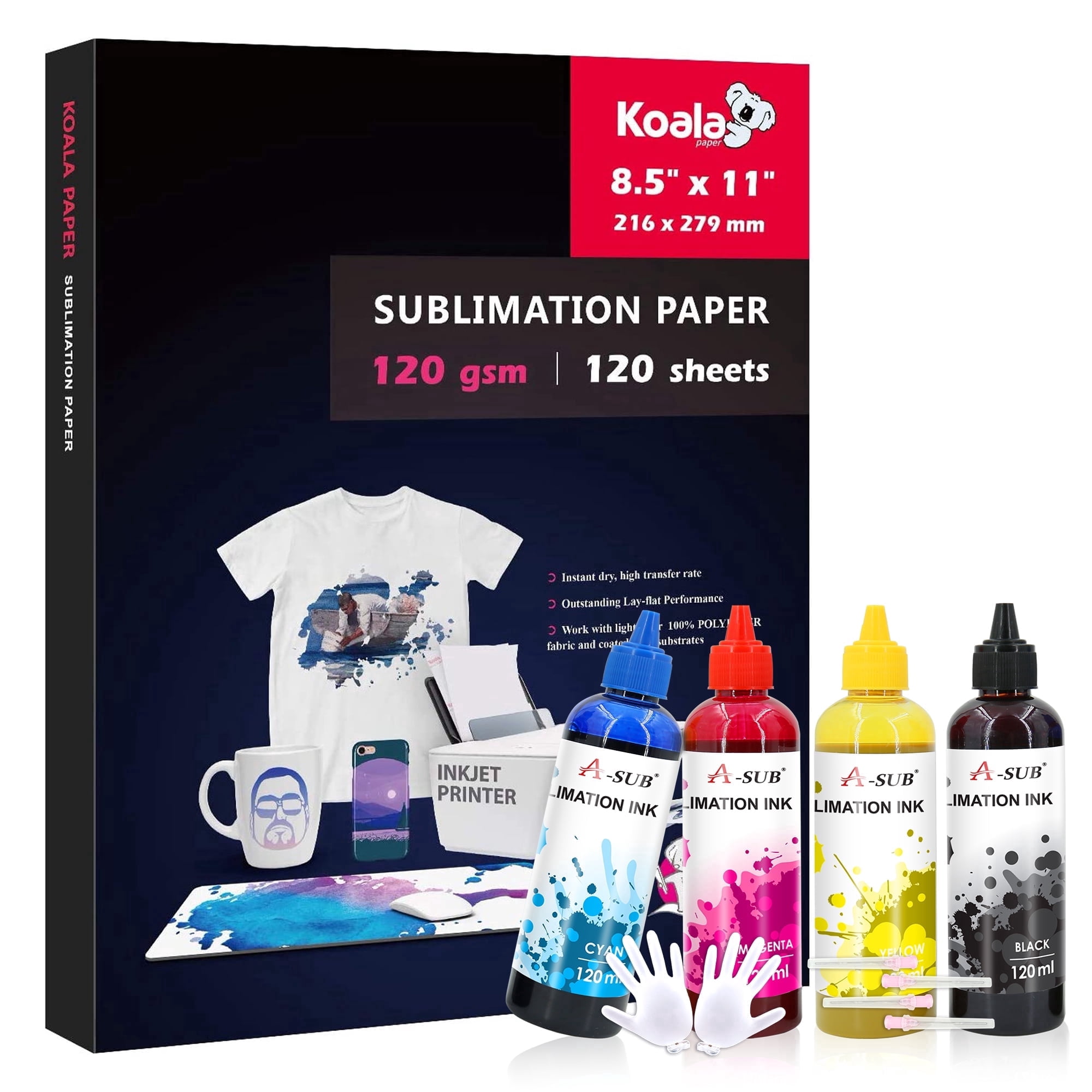 Koala 120 Sheets 120g Sublimation Paper 8.5X11''+ ASUB 4X120ml Sublimation Ink CMYK for Inkjet Printers DIY Gifts, Heat Iron On T-shirts,Mugs,Tumblers