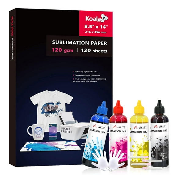 Koala 120 Sheets 120g Sublimation Paper 8.5X14''+ ASUB 4X120ml Sublimation Ink CMYK for Epson Printers DIY Gifts, Heat Iron On T-shirts,Mugs,Tumblers