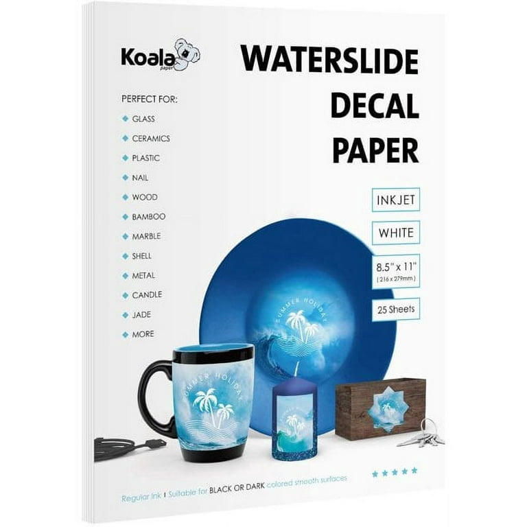 Koala 25 Sheets Waterslide Decal Paper for Inkjet Printer - WHITE 8.5x11  Inch Water Slide Transfer Paper for DIY Tumblers, Mugs, Glass, Ceramics 