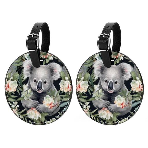 Koala 2Pcs PU Leather Round Luggage Tags with Privacy Cover and Name ID Tag for Suitcase, Handbags, Backpacks, School Bags