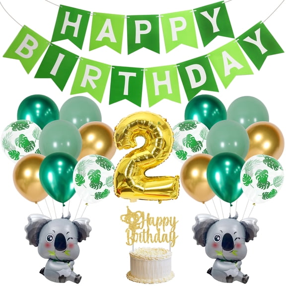 Koala 2nd Birthday Party Decorations Supplies with Green Birthday Banner, Koala and Number 2 Foil Balloons Latex Balloon, Cake Topper for Kids Koala Themed Birthday Party or Baby Shower Decorations
