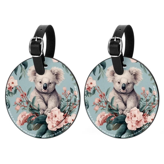 Koala 2pcs PU Leather Round Bag Tags Suitcase Handbag Tags with Privacy Cover and Name ID Tag for Travel Luggage, Handbags, Backpacks, School Bags