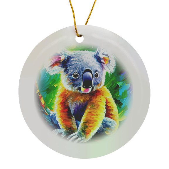 3drose, Koala Australian Bear Sits on a Tree Branch Colorful Digital Art Gift, Circle Porcelain Ornament