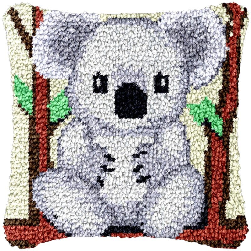 Koala Baby Latch Hook Pillow Cover Kits for Needlework Cushion Throw Pillow Cross Stitch Crochet Hook Pillowcase Rug Kits Printed Canvas Crochet Yarn Kits Needlework 17'' X 17''