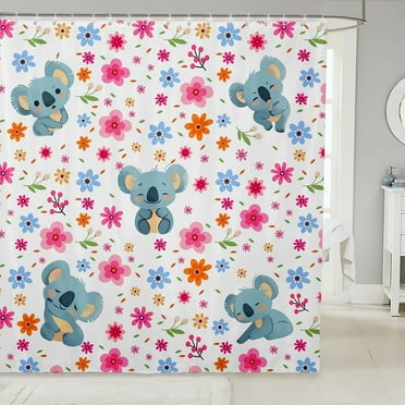 Koala Bath Curtain Pink Flower Floral Shower Curtain, Colorful Blossoms Waterproof Bathroom Curtain Jungle Animal Shower Accessories, Woodland Wildlife Bathtub Decor