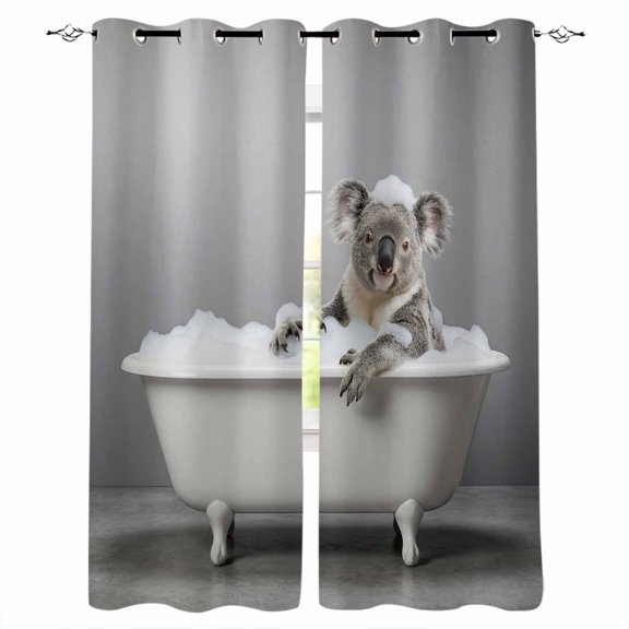 Koala Bathing Blackout Curtains for Bedroom/Living Room, Thermal Insulated Kitchen Curtains, Modern Abstract Bathtub Cute Animal Shower Grommet Darkening Window Treatment Drapes 52"x63"x2