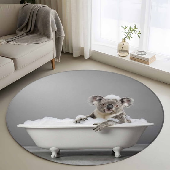 Koala Bathing Round Area Rug 3Ft Washable Small Circle Rugs for Kitchen Entryway, Modern Abstract Bathtub Cute Animal Shower Non-Slip Carpet Floor Mats Indoor Outdoor Carpet Runner Home Decor