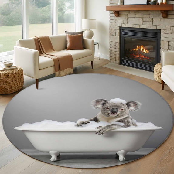 Koala Bathing Round Area Rug 7Ft Washable Circle Rugs for Dorm Laundry Room, Modern Abstract Bathtub Cute Animal Shower Non-Slip Carpet Floor Mats Indoor Outdoor Carpet Runner Aesthetic Home Decor