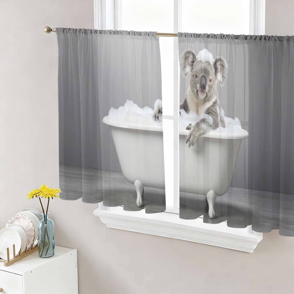 Koala Bathing Sheer Curtains 54 Inch Length 2 Panels Set, Modern Abstract Bathtub Cute Animal Shower Voile Window Treatment Rod Pocket Short Kitchen Curtains Drapes for Bedroom 52"x54"x2