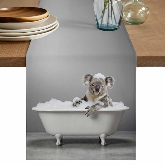 Koala Bathing Table Runner, Modern Abstract Bathtub Cute Animal Shower Washable Cotton Linen Table Runners 36 Inches Long, Dresser Scarf Runner for Nightstand/End Tables/Round Tables 13''x36''