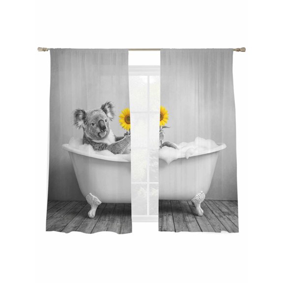 Koala Bathtub Sheer Curtains 2 Panels Set Vintage Black White Koala Bathing Yellow Sunflower Sheer Window Curtains Light Filtering Rod Pocket Voile Drapes for Bedroom Living Room 52"X72"