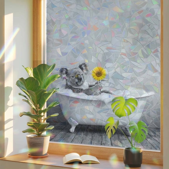 Koala Bathtub Window Privacy Film, Vintage Black White Koala Bathing Yellow Sunflower Stained Glass Rainbow Film Decorative Window Clings, Static Cling Sun Blocking Stickers 17.7" x 39.3"
