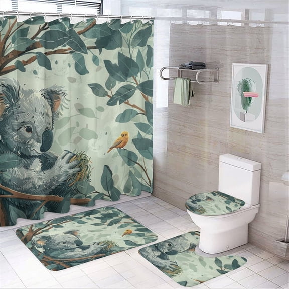 Koala Bear And A Bird With Green Leaves 4 Piece Shower Curtain Sets with Rugs Include Waterproof Shower Curtain Non-Slip Rug Toilet Lid Cover Bath Mat Abstract Watercolor Koala