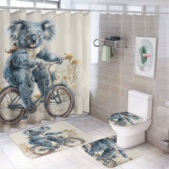 Koala Bear Riding On A Bicycle Shower Curtain Sets with Rugs 4 Piece with Non-Slip Rugs Toilet Lid Cover And Bath Mat Retro Koala Country Animal Printing Waterproof Personality Pattern Bath Curtain