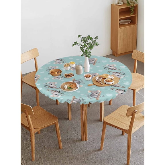 Koala Bears Round Fitted Tablecloth with Elastic Edge, Cute Koala Heart Branch Leaf Mint Green Waterproof Stretch Table Covers for 36"-44" Tables Wipeable Table Cloth for Outdoor