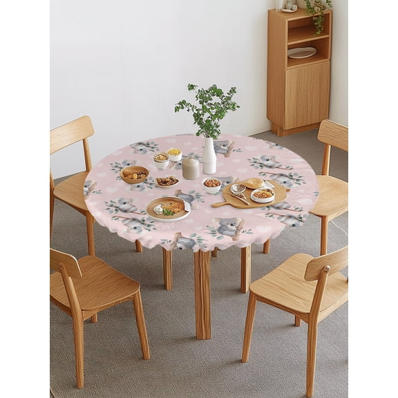 Koala Bears Round Fitted Tablecloth with Elastic Edge, Cute Koala Heart Branch Leaf Pink Waterproof Stretch Table Covers for 45"-54" Tables Wipeable Table Cloth for Outdoor