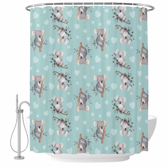 Koala Bears Shower Curtain for Bathroom, Cute Koala Heart Branch Leaf Mint Green Waterproof Cloth Fabric Bathroom Accessories Set with 9 Rust Proof Plastic Hooks, 36"x72"