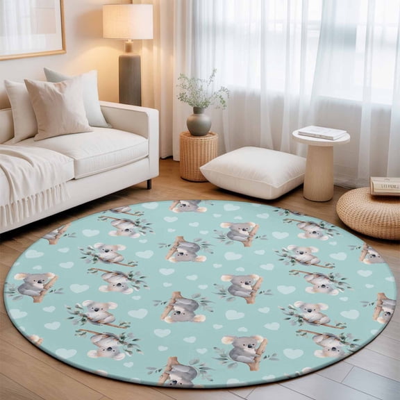 Koala Bears Washable Round Area Rug 6 ft, Cute Koala Heart Branch Leaf Mint Green, Soft Non Slip Rugs Stain Repellent Indoor Felt Carpet for Living Dining Room Bedroom Home Office