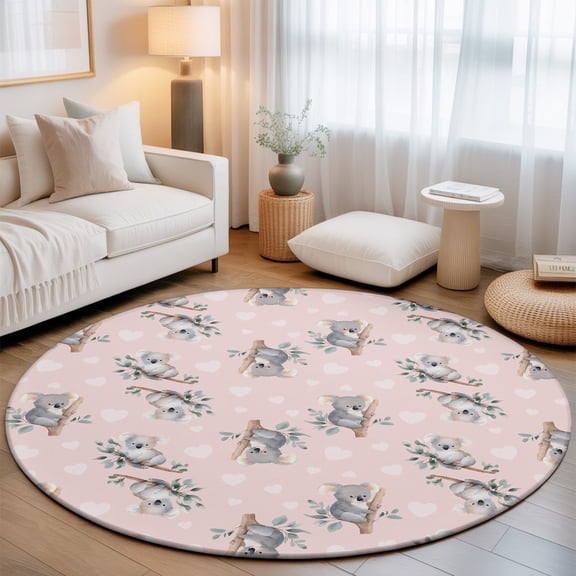 Koala Bears Washable Round Area Rug 6 ft, Cute Koala Heart Branch Leaf Pink, Soft Non Slip Rugs Stain Repellent Indoor Felt Carpet for Living Dining Room Bedroom Home Office