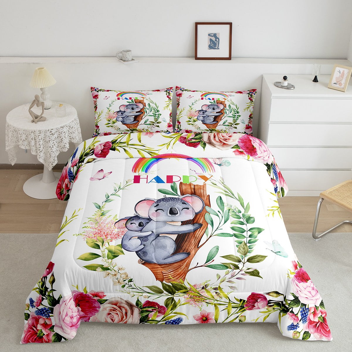 Koala Bedding Set for Kids Boys Girls,Cute Rainbow Cartoon Grey Koala