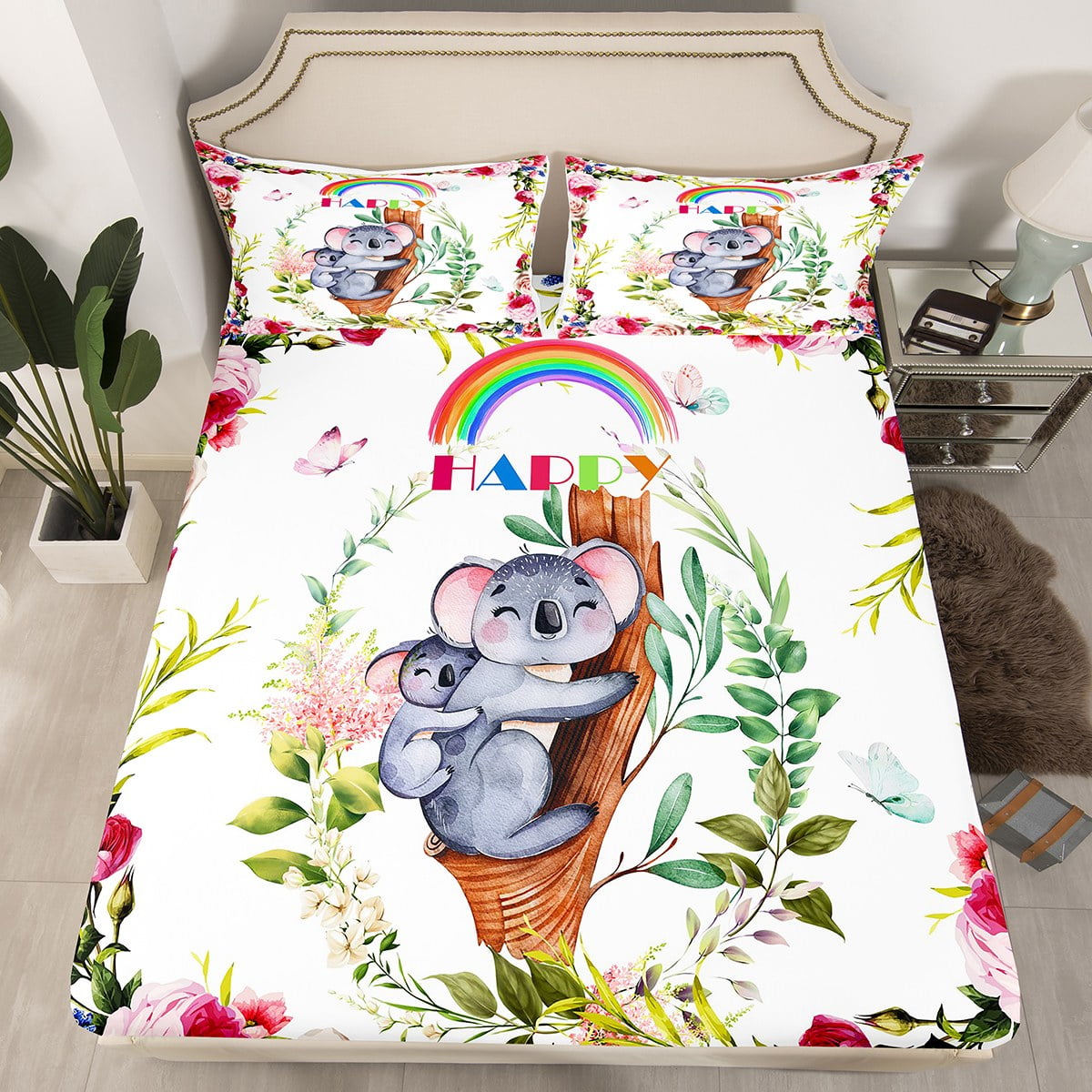 Koala Bedding Set,Cute Rainbow Cartoon Grey Koala Bed Sheets Kawaii