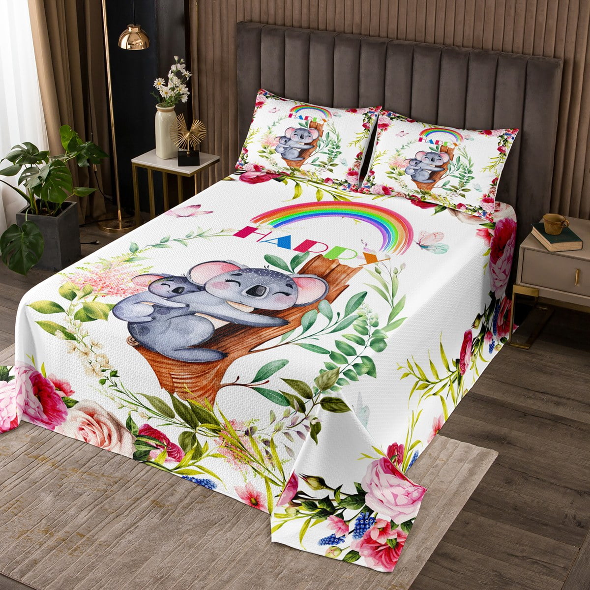 Koala Bedspread Set for Kids Boys Girls,Cute Rainbow Cartoon Grey Koala