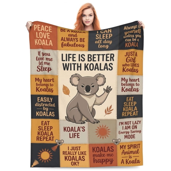 Koala Blanket, Autumn Patchwork Quilt Style Rust Orange Pattern Unique Koala Lover Gift, Soft Flannel For Lounge Chair Couch, Animal Home Decor 50x40