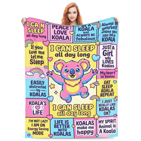 Koala Blanket, Colorful Quote Collage Sleepy Koala Illustration Unique Koala Lover Gift For Reading Lounge Couch, Unique Animal Home Decor 50x40