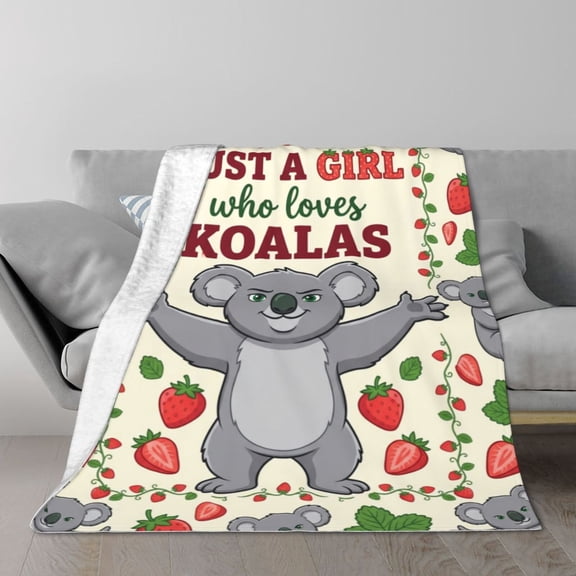 Koala Blanket, Cute Koala Lover Gift For Women Red Strawberry Pattern For Lounge Bedroom Sofa, Animal Theme Room Decor 50x40