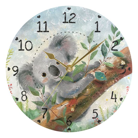 Koala Branch Leaves Cartoon Round Wall Clock Silent Analog Battery Operated Gold Pointer Home Decor 9.84" Diameter