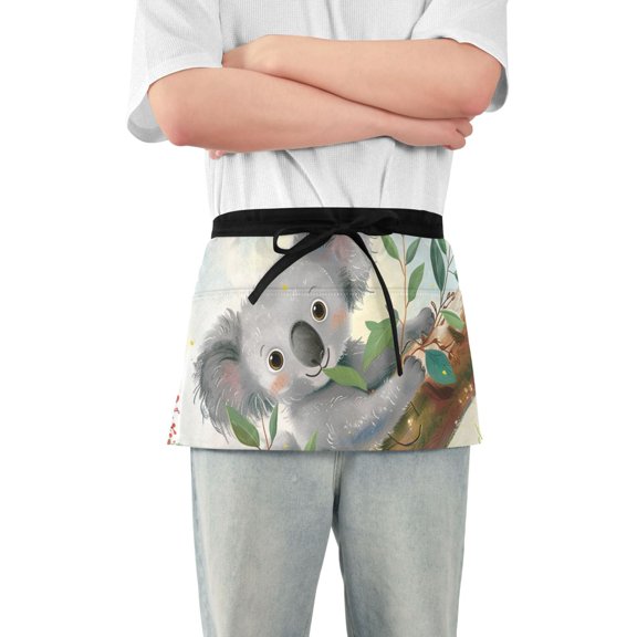 Koala Branch Leaves Cartoon Short Server Apron with 3 Pockets for Unisex Chef Gardening