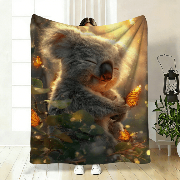 Koala Butterfly Forest-Themed Polyester Flannel Blanket – Soft, Warm Throw for Bed, Sofa, Travel, Camping – 3 Sizes