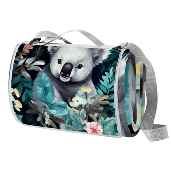 Koala Canvas Picnic Blanket Waterproof Outdoor Beach Mat Extra Large Foldable Portable Camping Rug with Handles and Pockets, Blue Stripe Pattern, 80" x 60