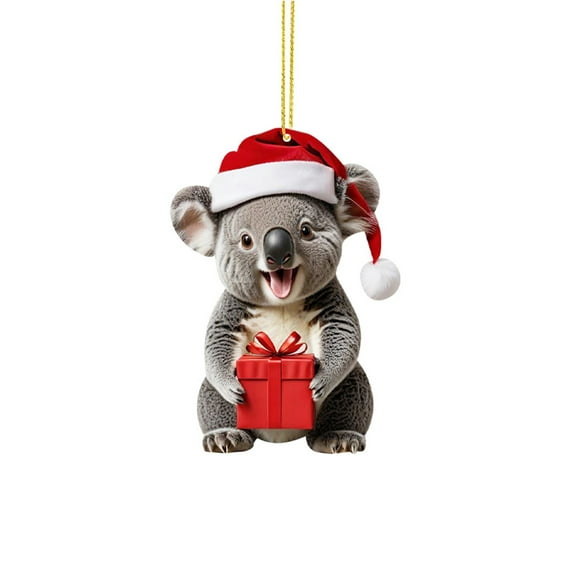 Koala Christmas Ornament with Santa Hat and Gift Box, Festive Hanging Decor for Animal Lovers and Holiday Season Decorations - A