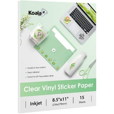 Koala Clear Sticker Paper for Inkjet Printer - Waterproof Printable Vinyl Sticker Paper - 8.5x11 Inch 15 Sheets, 95% Transparent Glossy Sticker Paper