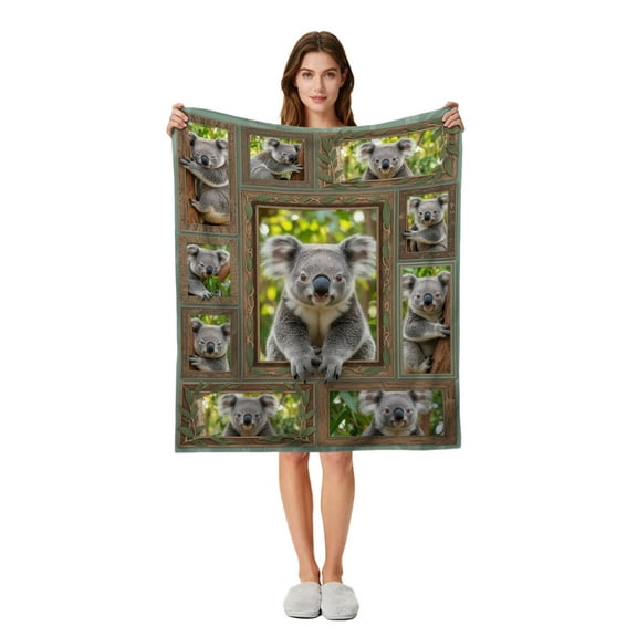 Koala Collage Flannel Blanket – Soft Plush Throw with Cute Koalas in Vintage Frames, Warm & Lightweight for Bed Couch Travel, Gift for Animal Lovers - 50"x40"