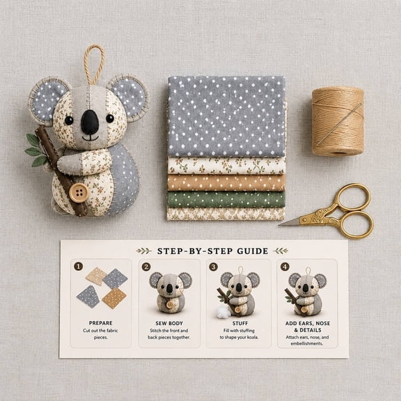 Koala DIY Patchwork Sewing Kit Handmade Collection, DIY Sewing Kit for Beginner, Handmade Stuffed Koala Sewing Project for Adults & Teens, DIY Gift Kit