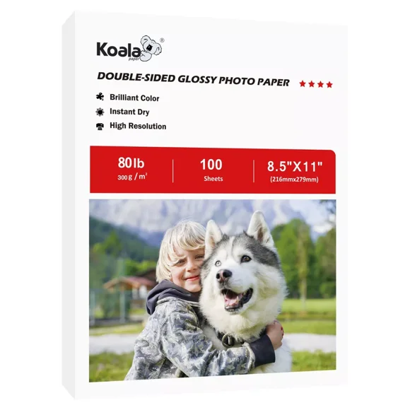 Koala Double Sided Glossy Photo Paper, White 8.5x11 100 Sheets 300gsm 80lb Glossy Cardstock Picture Paper for Inkjet Printers, Very Thick