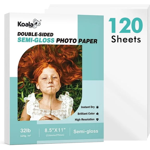 Koala Double Sided Semi Glossy Photo Paper for Inkjet + Laser Printers, 8.5X11, 120 Sheets , 32lb Thin Semi-gloss Brochure Flyer Paper