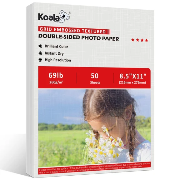 Koala Double Sided Photo Paper 8.5x11 inch, 69lb / 260gsm, 50 Count, Grid Embossed Textured, Soft Glossy Card Stock Paper for Inkjet Printer