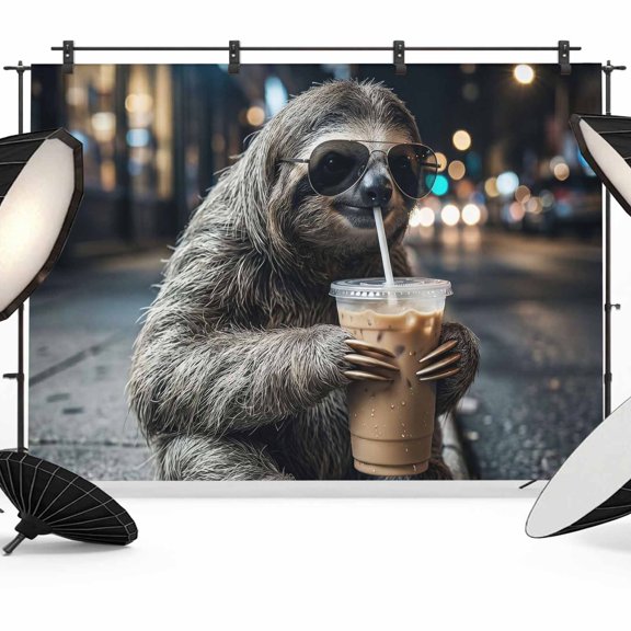 Koala Drink Iced Coffee Backdrops for Photography, Modern City Sidewalk Funny Animal Pattern Fabric Photo Background Sturdy Studio Props for Photo Studio, Video Recording, Booth & Photoshoot 7x5ft